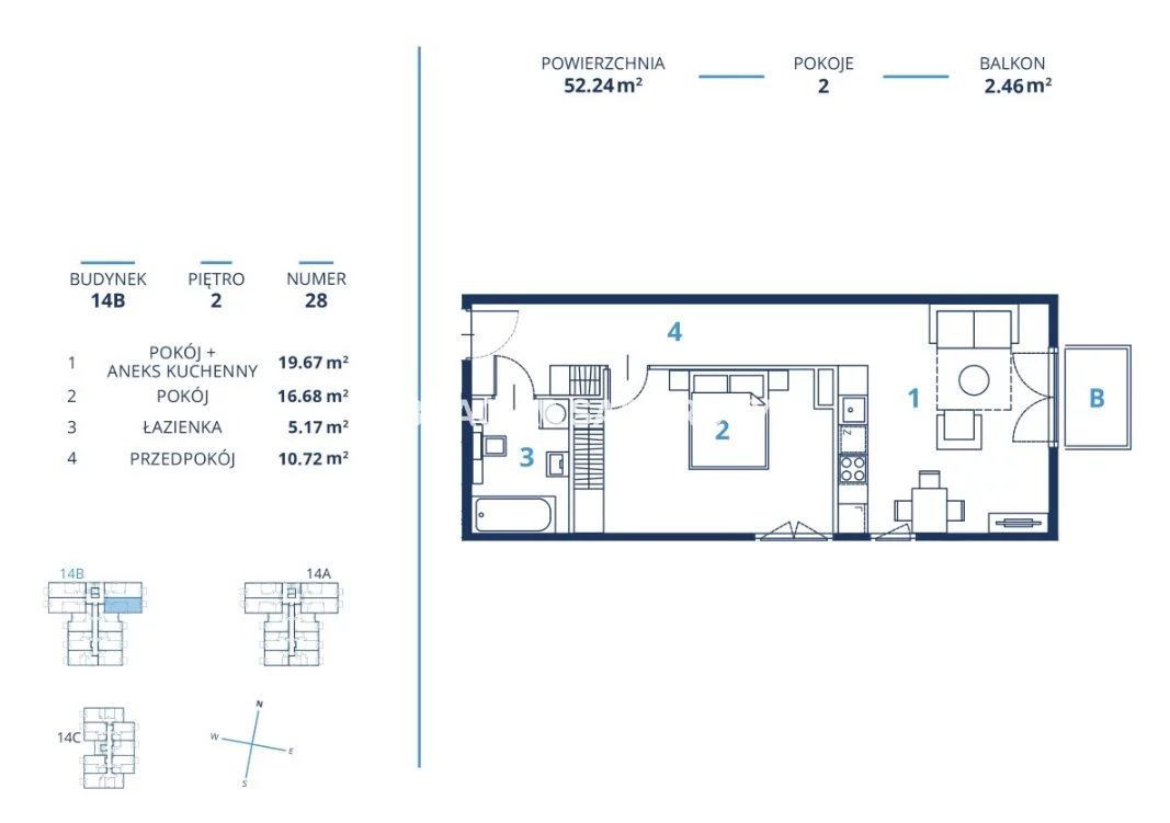 Mieszkanie na sprzedaż, 52,24 m², 2 pokoje, 2 piętro, oferta nr BS2-MS-300832-15