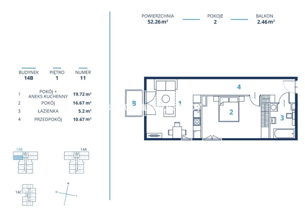 Mieszkanie na sprzedaż, 52,26 m², 2 pokoje, 1 piętro, oferta nr BS2-MS-300836-17