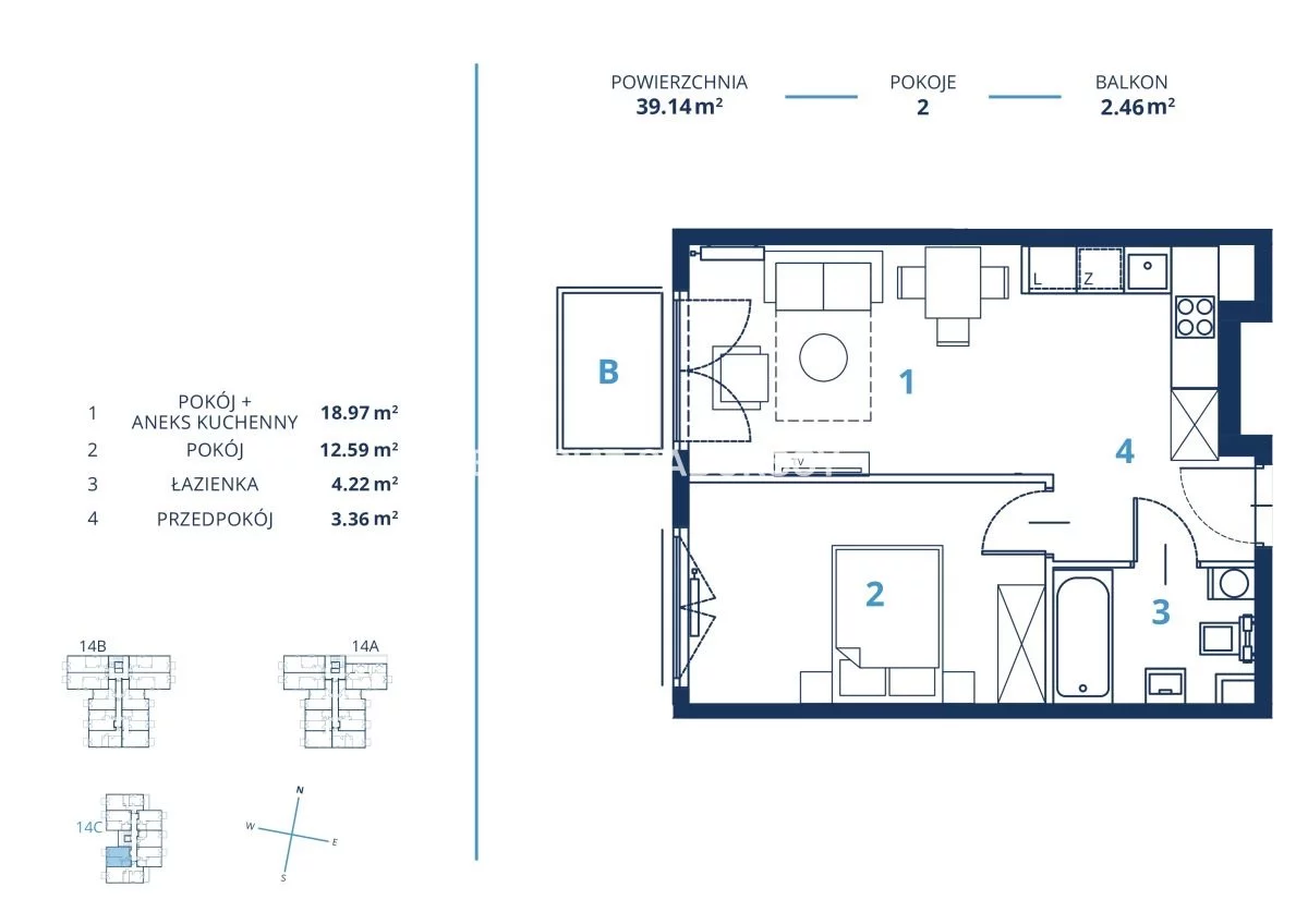 Mieszkanie na sprzedaż, 39,14 m², 2 pokoje, 3 piętro, oferta nr BS2-MS-300763-17