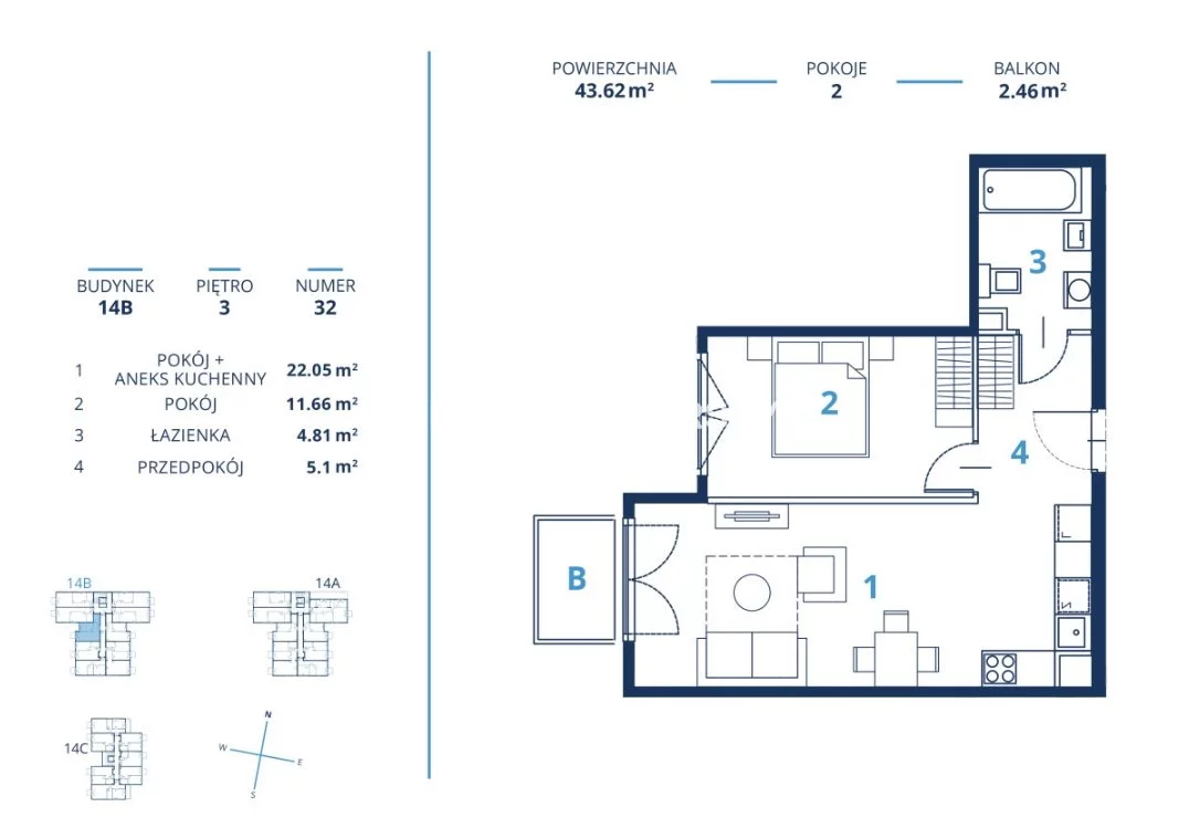 Mieszkanie na sprzedaż, 43,62 m², 2 pokoje, 3 piętro, oferta nr BS2-MS-300767-17