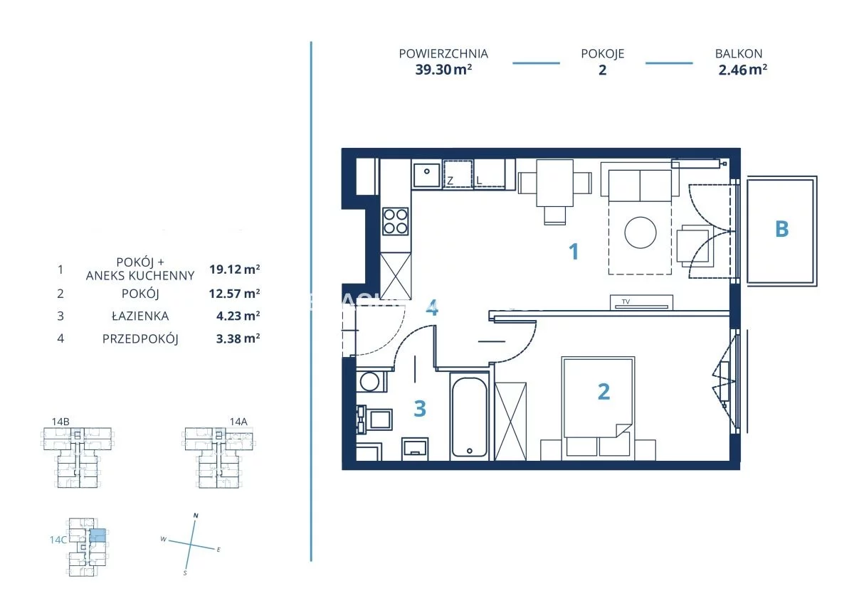 Mieszkanie na sprzedaż, 39,30 m², 2 pokoje, 3 piętro, oferta nr BS2-MS-300774-17