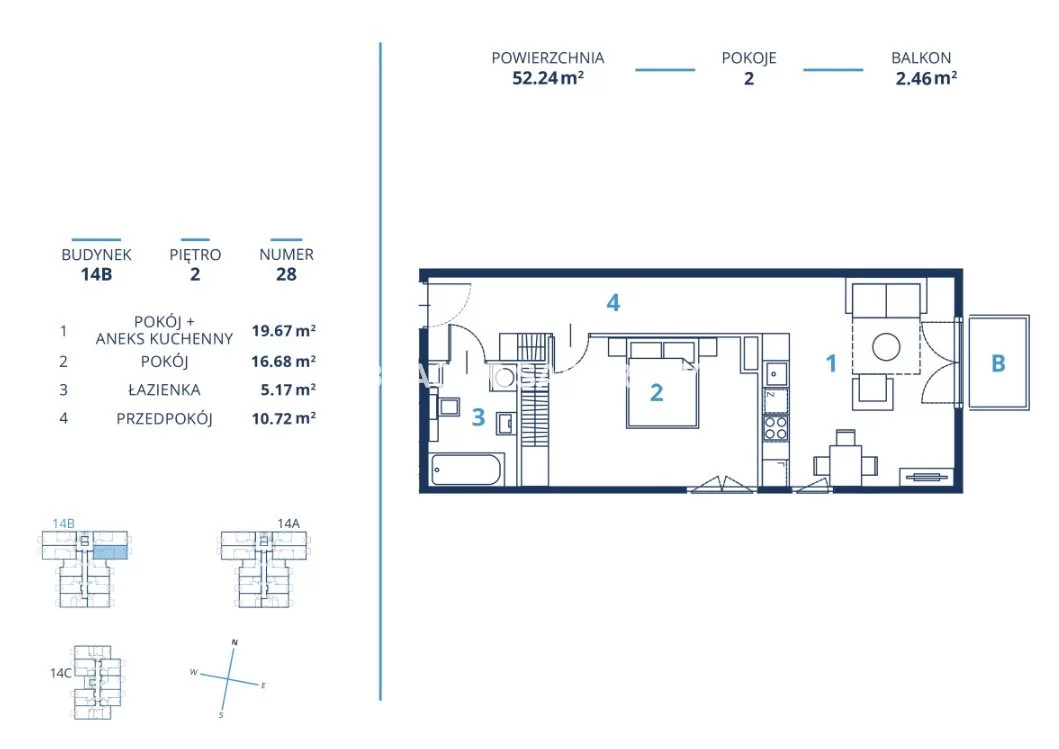 Mieszkanie na sprzedaż, 52,22 m², 2 pokoje, 2 piętro, oferta nr BS2-MS-300828-17