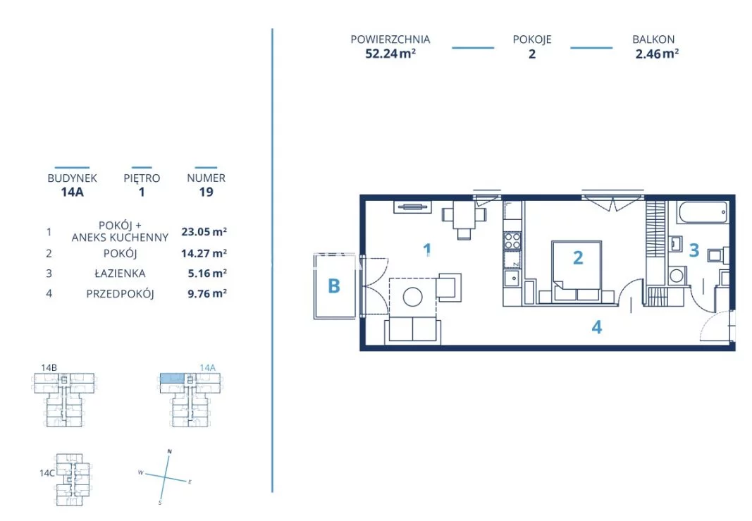 Mieszkanie na sprzedaż, 52,24 m², 2 pokoje, 1 piętro, oferta nr BS2-MS-300829-17