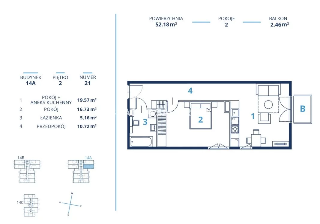 Mieszkanie na sprzedaż, 52,18 m², 2 pokoje, 2 piętro, oferta nr BS2-MS-300825-17