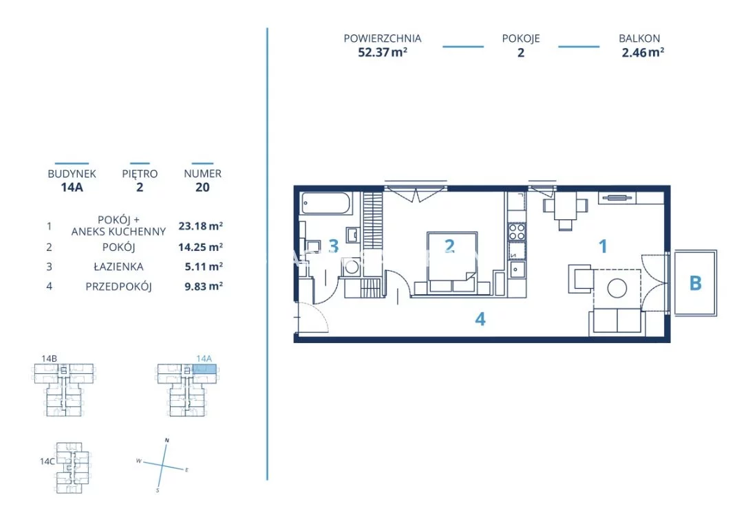 Mieszkanie na sprzedaż, 52,37 m², 2 pokoje, 2 piętro, oferta nr BS2-MS-300847-16