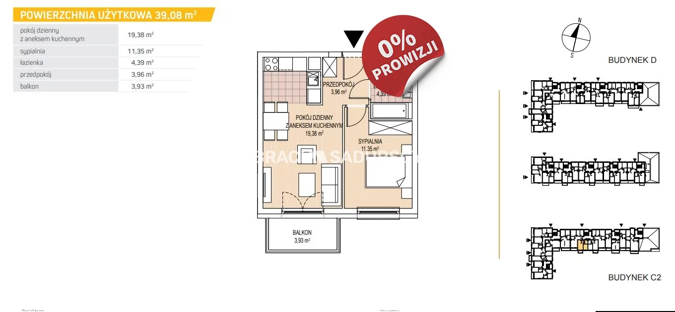 Mieszkanie dwupokojowe 38,83 m², Kraków, Podgórze Duchackie, Wola Duchacka, Kamieńskiego - okolice, Sprzedaż