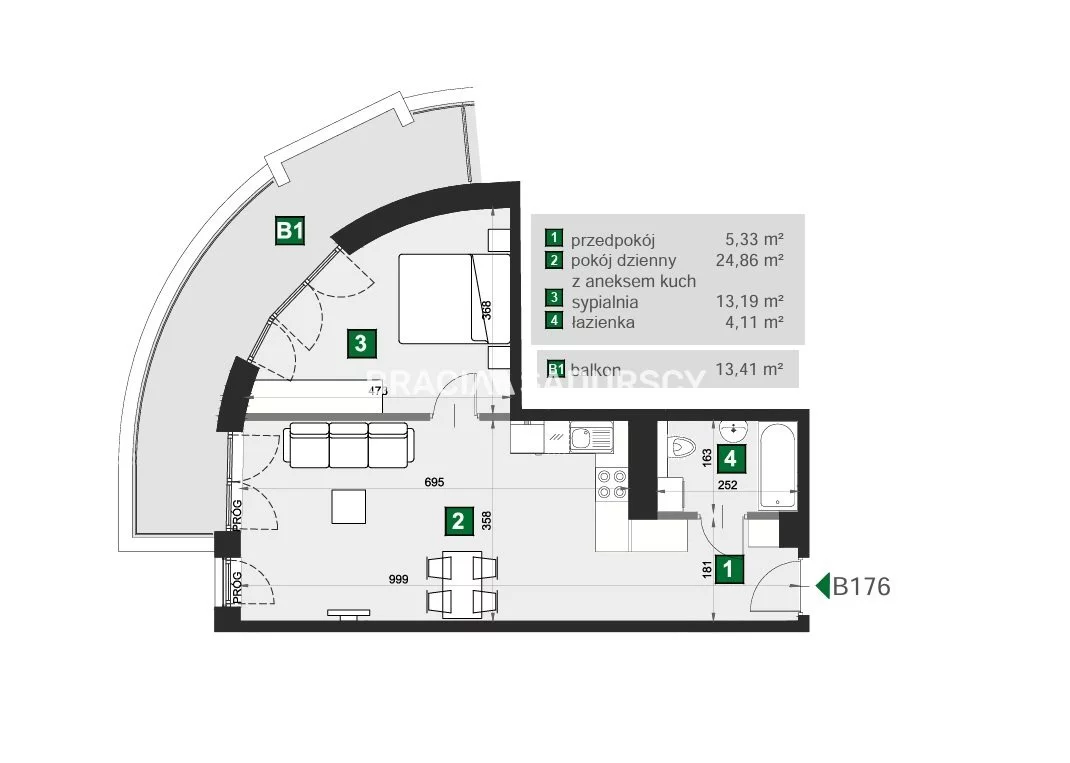 2 pokoje, mieszkanie 47,49 m², piętro 7, oferta nr , BS2-MS-310872-245, Kraków, Grzegórzki, Kotlarska - okolice