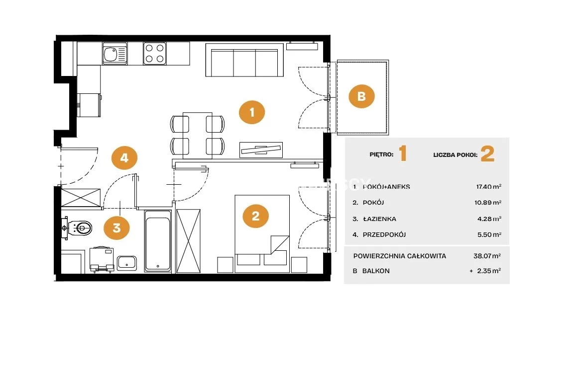 2 pokoje, mieszkanie 38,07 m², piętro 1, oferta nr , BS2-MS-308267-5, Kraków, Bronowice, Na Błonie