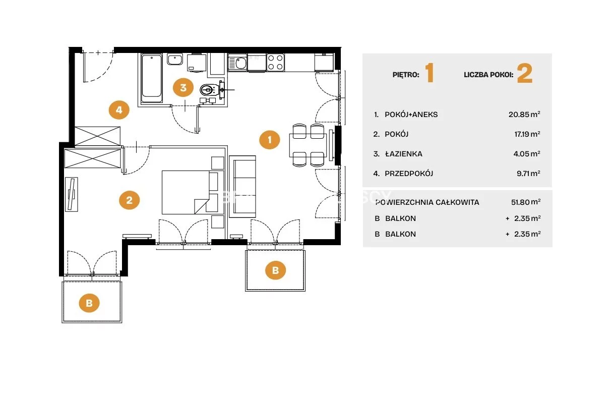 2 pokoje, mieszkanie 51,80 m², piętro 1, oferta nr , BS2-MS-308507-5, Kraków, Bronowice, Na Błonie