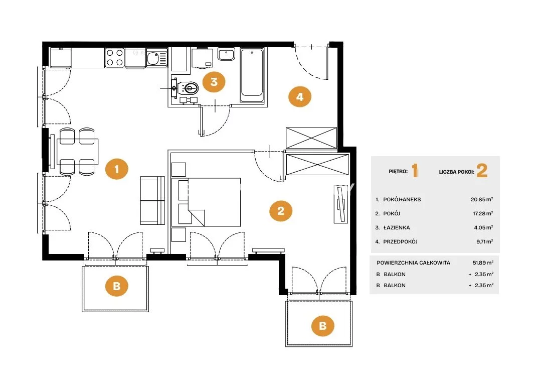 2 pokoje, mieszkanie 51,89 m², piętro 1, oferta nr , BS2-MS-308270-5, Kraków, Bronowice, Na Błonie