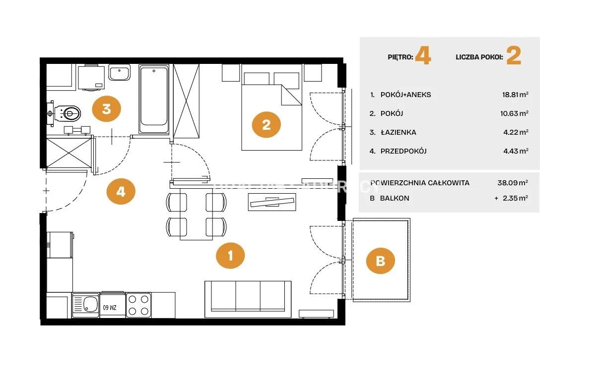 2 pokoje, mieszkanie 38,09 m², piętro 4, oferta nr , BS2-MS-308572-5, Kraków, Bronowice, Na Błonie