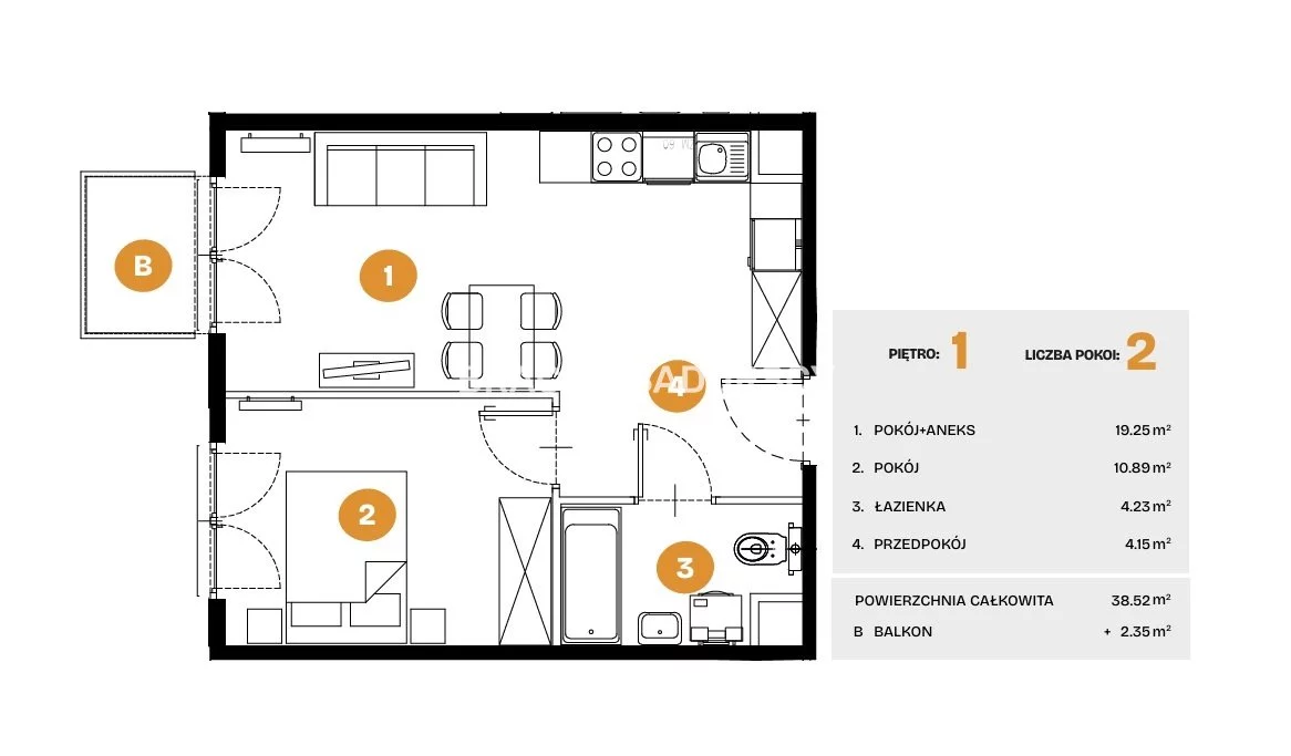 2 pokoje, mieszkanie 38,52 m², piętro 1, oferta nr , BS2-MS-308272-5, Kraków, Bronowice, Na Błonie