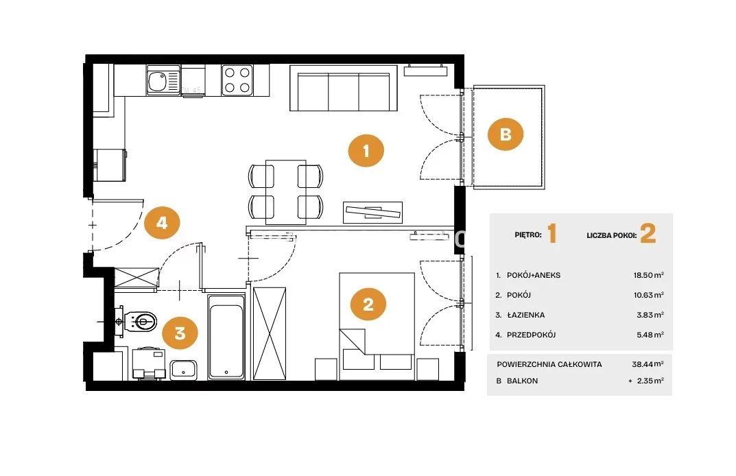 2 pokoje, mieszkanie 38,44 m², piętro 1, oferta nr , BS2-MS-308265-6, Kraków, Bronowice, Na Błonie
