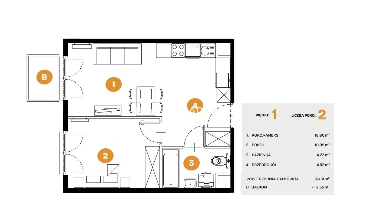2 pokoje, mieszkanie 38,51 m², piętro 1, oferta nr , BS2-MS-308273-6, Kraków, Bronowice, Na Błonie