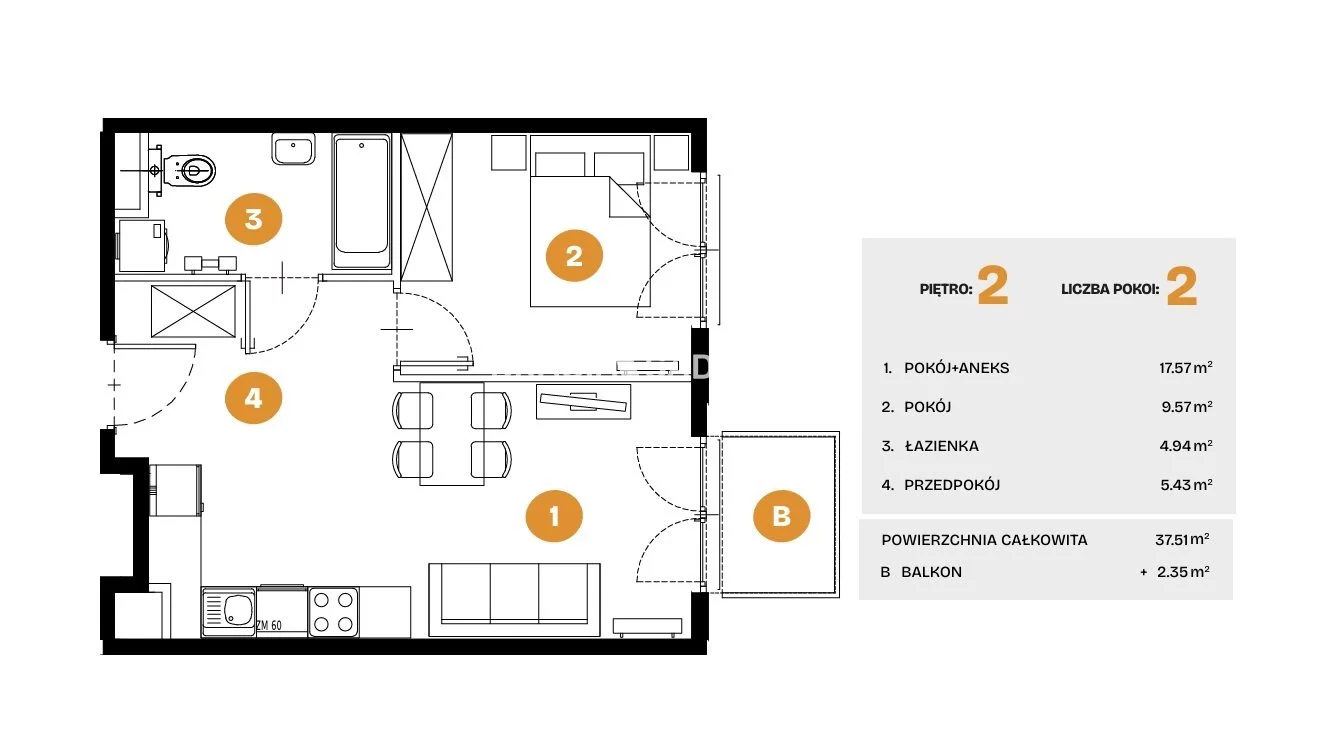 2 pokoje, mieszkanie 37,51 m², piętro 2, oferta nr , BS2-MS-308280-6, Kraków, Bronowice, Na Błonie