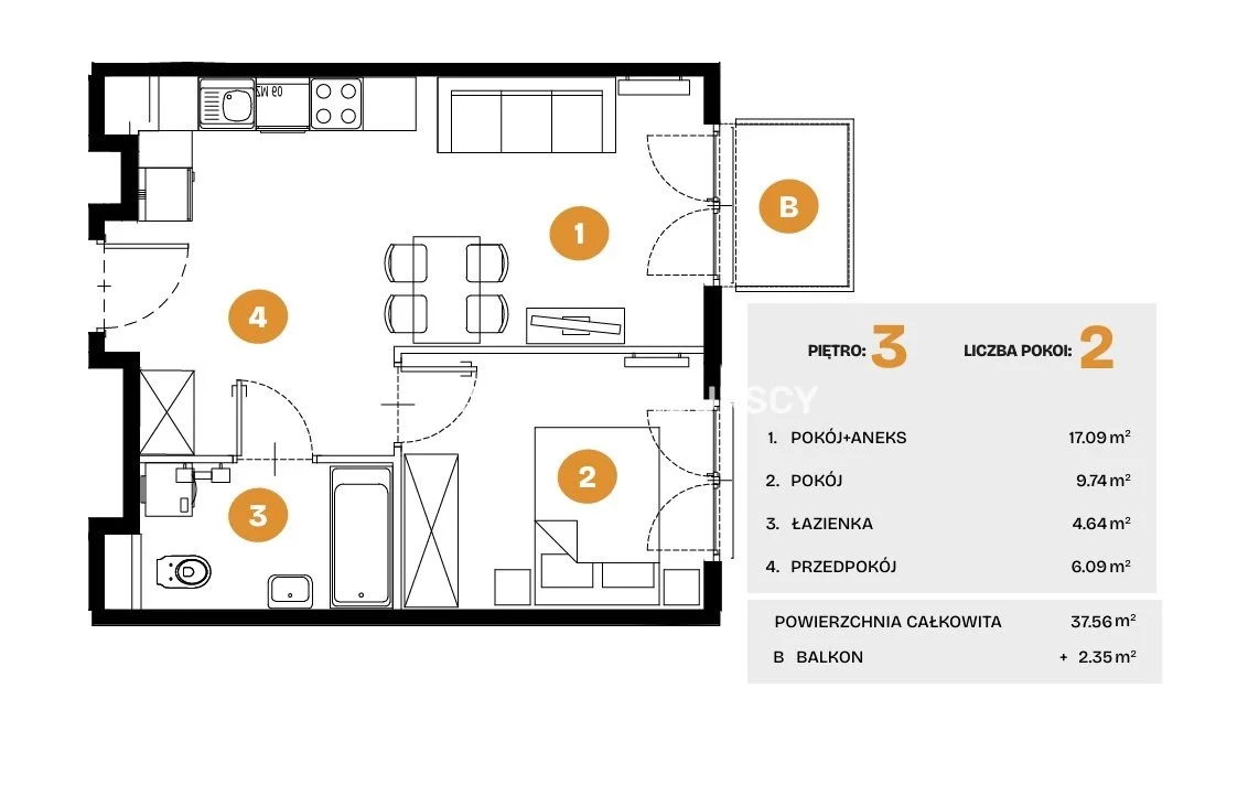 2 pokoje, mieszkanie 37,56 m², piętro 3, oferta nr , BS2-MS-308293-6, Kraków, Bronowice, Na Błonie