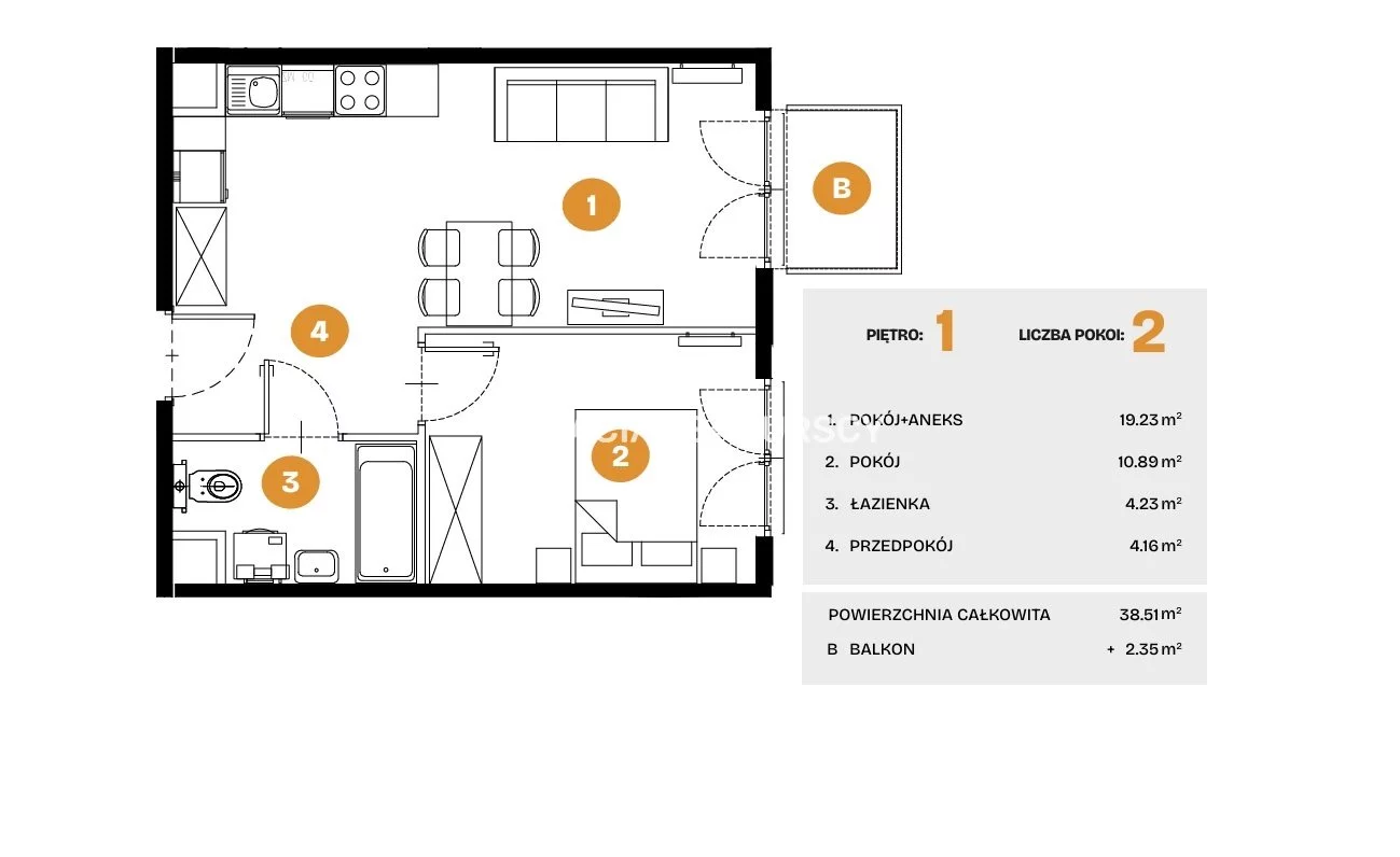 2 pokoje, mieszkanie 38,51 m², piętro 1, oferta nr , BS2-MS-308510-6, Kraków, Bronowice, Na Błonie