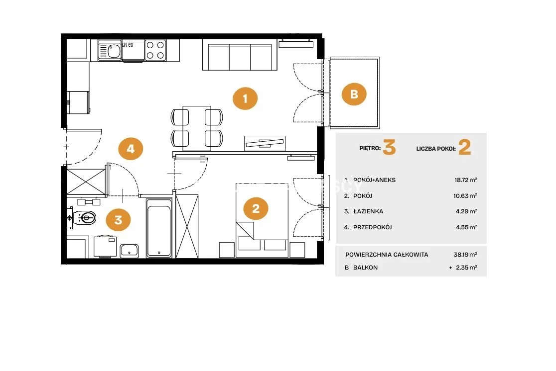2 pokoje, mieszkanie 38,19 m², piętro 3, oferta nr , BS2-MS-308565-6, Kraków, Bronowice, Na Błonie