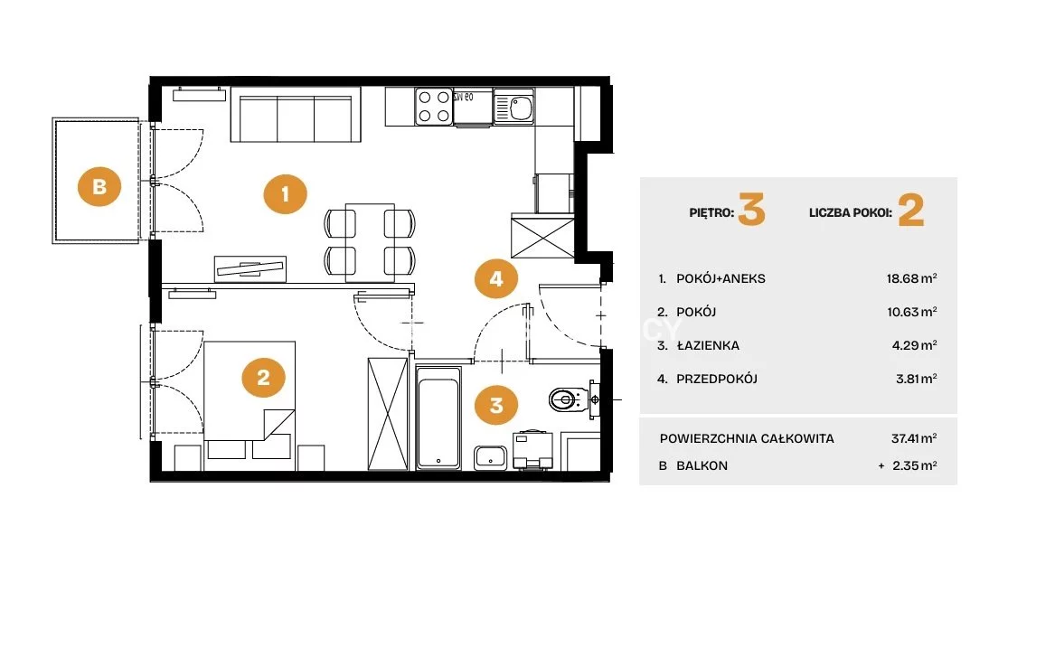 2 pokoje, mieszkanie 37,41 m², piętro 3, oferta nr , BS2-MS-308561-6, Kraków, Bronowice, Na Błonie