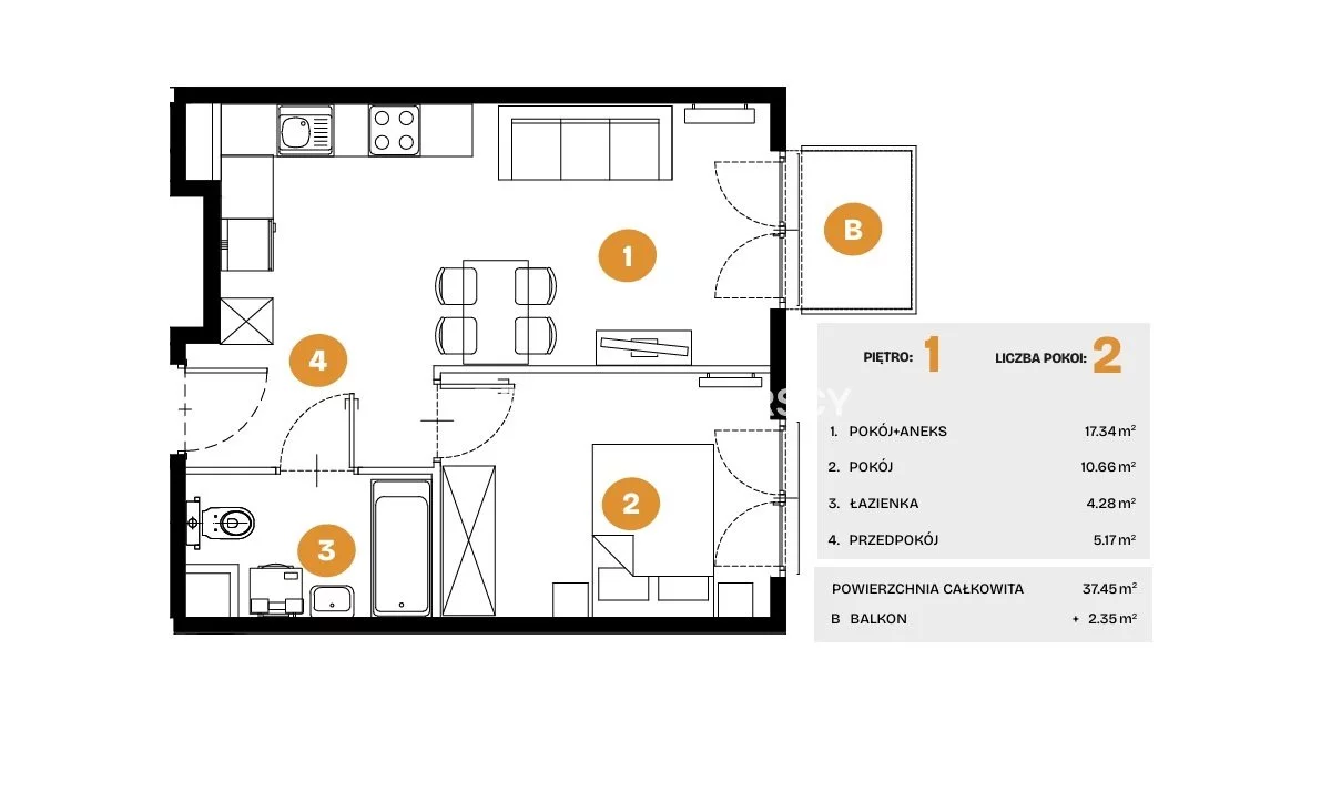 2 pokoje, mieszkanie 37,45 m², piętro 1, oferta nr , BS2-MS-308264-6, Kraków, Bronowice, Na Błonie