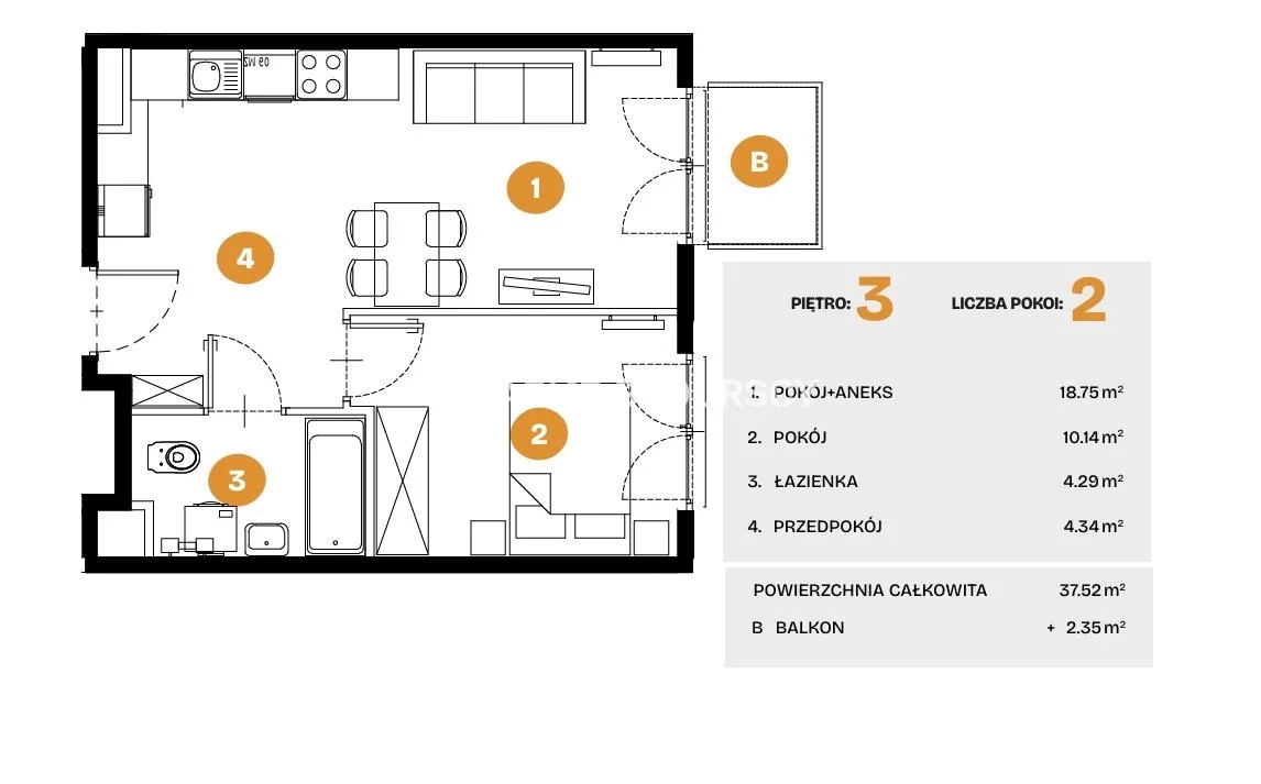 2 pokoje, mieszkanie 37,52 m², piętro 3, oferta nr , BS2-MS-308292-6, Kraków, Bronowice, Na Błonie