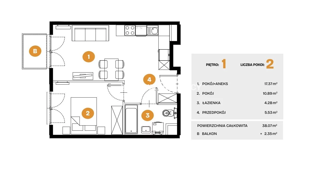 2 pokoje, mieszkanie 38,07 m², piętro 1, oferta nr , BS2-MS-308504-6, Kraków, Bronowice, Na Błonie