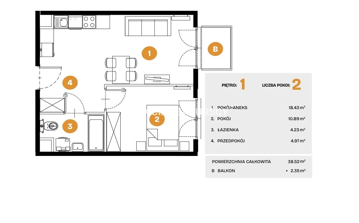 2 pokoje, mieszkanie 38,52 m², piętro 1, oferta nr , BS2-MS-308509-6, Kraków, Bronowice, Na Błonie