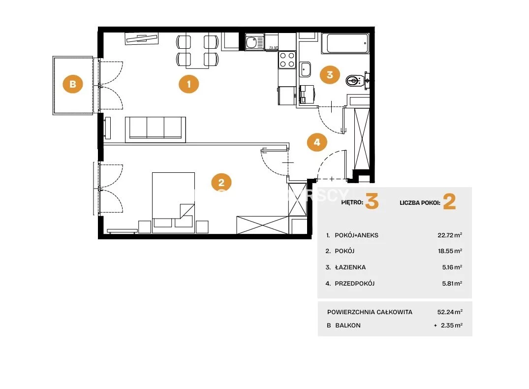 2 pokoje, mieszkanie 52,24 m², piętro 3, oferta nr , BS2-MS-308560-6, Kraków, Bronowice, Na Błonie