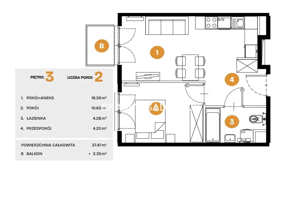 2 pokoje, mieszkanie 37,47 m², piętro 3, oferta nr , BS2-MS-308563-6, Kraków, Bronowice, Na Błonie