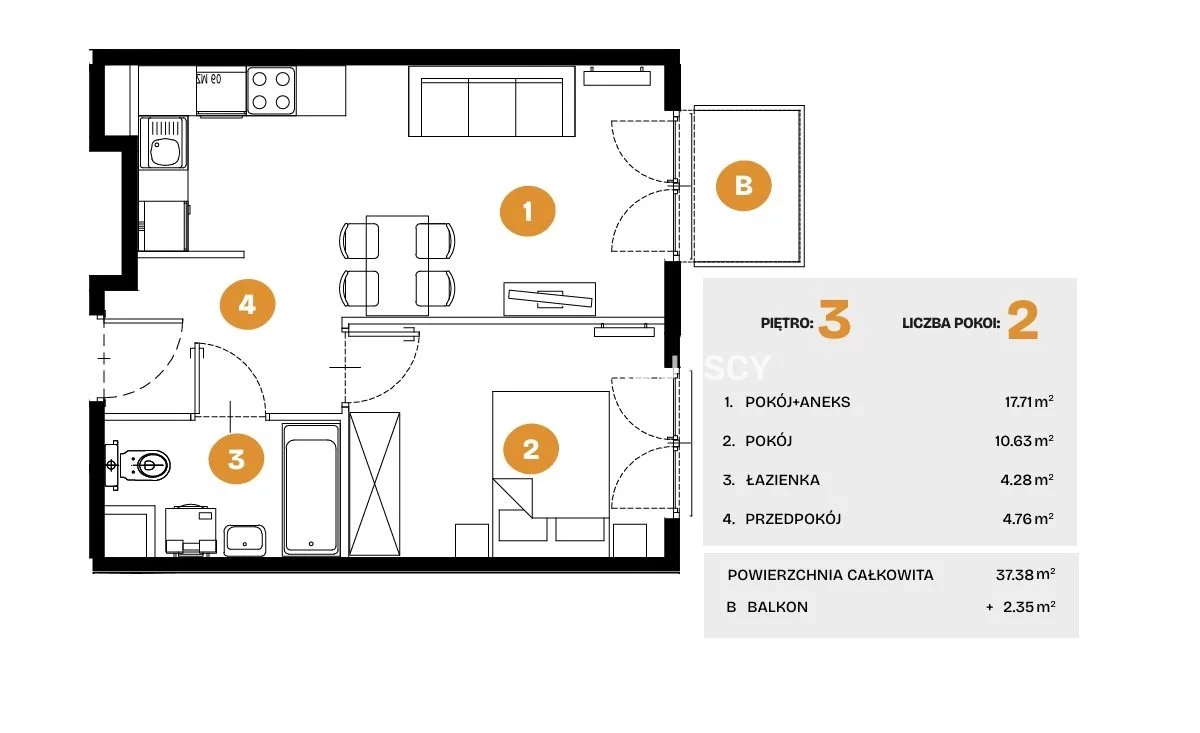 2 pokoje, mieszkanie 37,38 m², piętro 3, oferta nr , BS2-MS-308291-6, Kraków, Bronowice, Na Błonie