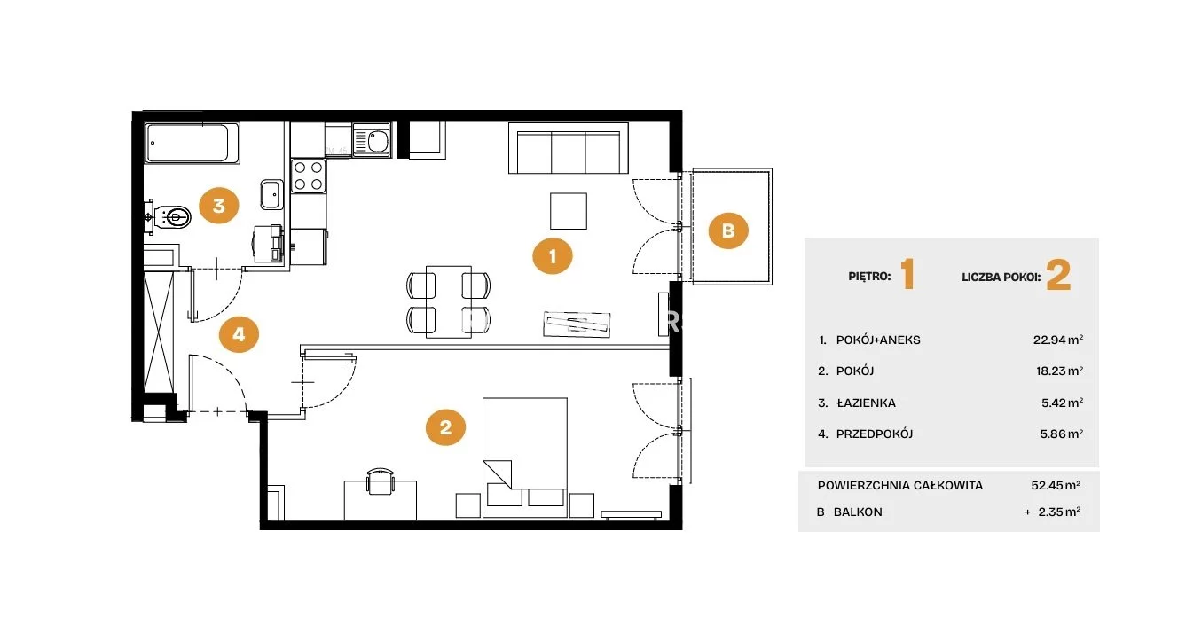 2 pokoje, mieszkanie 52,45 m², piętro 1, oferta nr , BS2-MS-308262-6, Kraków, Bronowice, Na Błonie