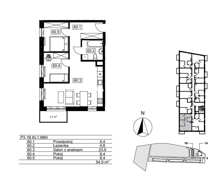 3 pokoje, mieszkanie 55,31 m², piętro 3, oferta nr , BS2-MS-310834-122, Kraków, Bieżanów-Prokocim, Osiedle Złocień, Agatowa