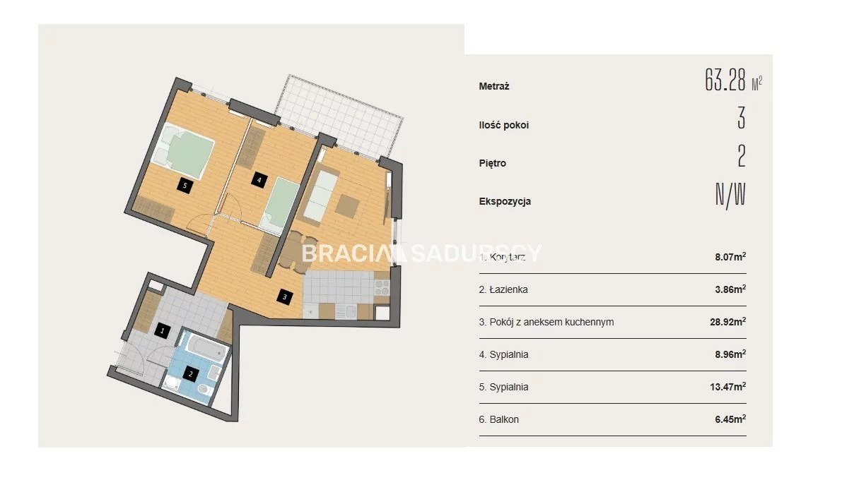 3 pokoje, mieszkanie 63,28 m², piętro 2, oferta nr , BS2-MS-310413-1, Kraków, Krowodrza, Aleja Kijowska