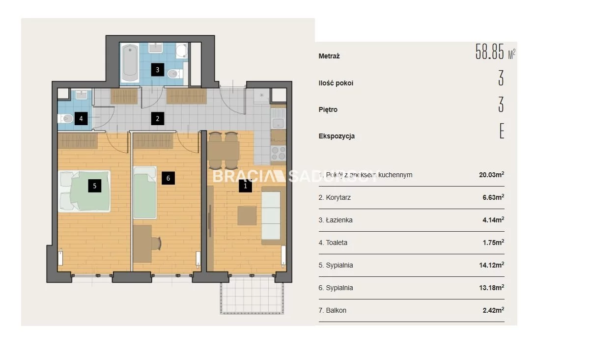 3 pokoje, mieszkanie 58,85 m², piętro 3, oferta nr , BS2-MS-310429-1, Kraków, Krowodrza, Aleja Kijowska