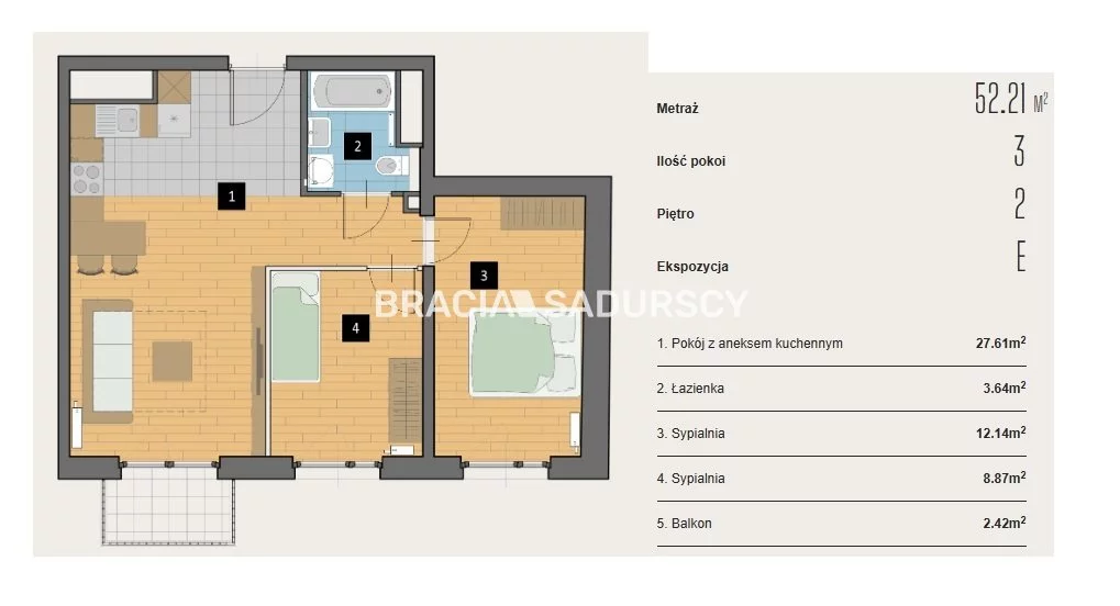 3 pokoje, mieszkanie 52,21 m², piętro 2, oferta nr , BS2-MS-310607-1, Kraków, Krowodrza, Aleja Kijowska