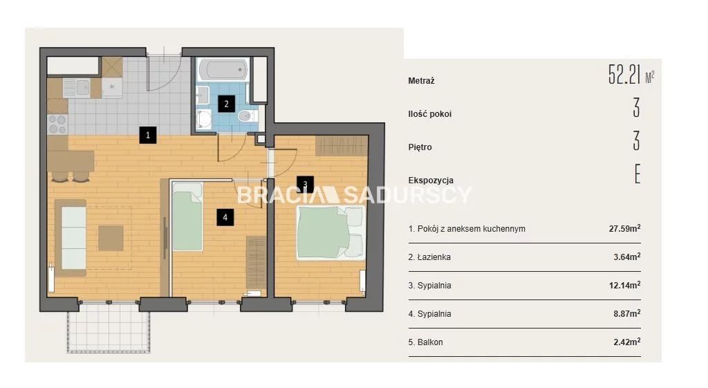 3 pokoje, mieszkanie 52,21 m², piętro 3, oferta nr , BS2-MS-310617-1, Kraków, Krowodrza, Aleja Kijowska
