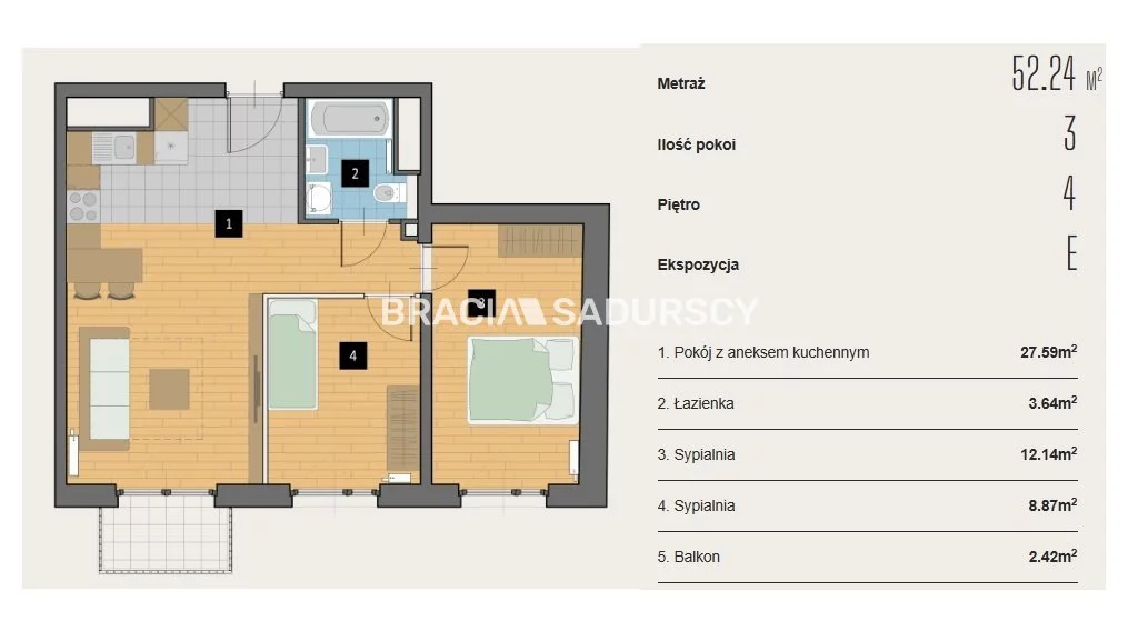 3 pokoje, mieszkanie 52,24 m², piętro 4, oferta nr , BS2-MS-310625-1, Kraków, Krowodrza, Aleja Kijowska