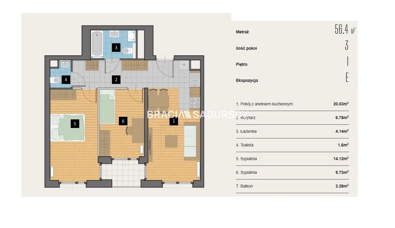 3 pokoje, mieszkanie 56,40 m², piętro 1, oferta nr , BS2-MS-310410-2, Kraków, Krowodrza, Aleja Kijowska