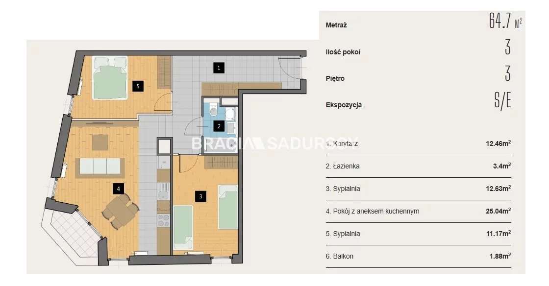3 pokoje, mieszkanie 64,70 m², piętro 3, oferta nr , BS2-MS-310427-2, Kraków, Krowodrza, Aleja Kijowska