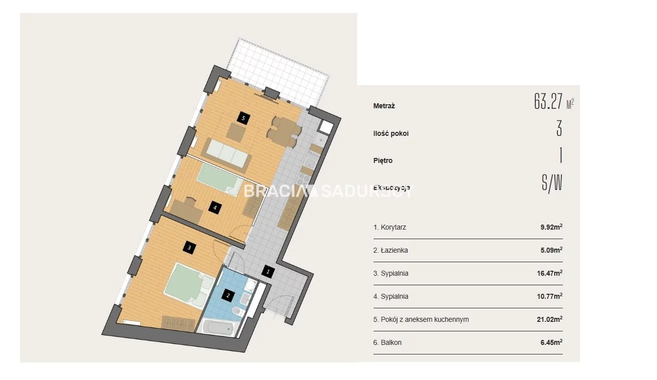 3 pokoje, mieszkanie 63,27 m², piętro 1, oferta nr , BS2-MS-310409-3, Kraków, Krowodrza, Aleja Kijowska