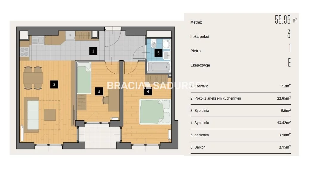 3 pokoje, mieszkanie 55,95 m², piętro 1, oferta nr , BS2-MS-310591-3, Kraków, Krowodrza, Aleja Kijowska
