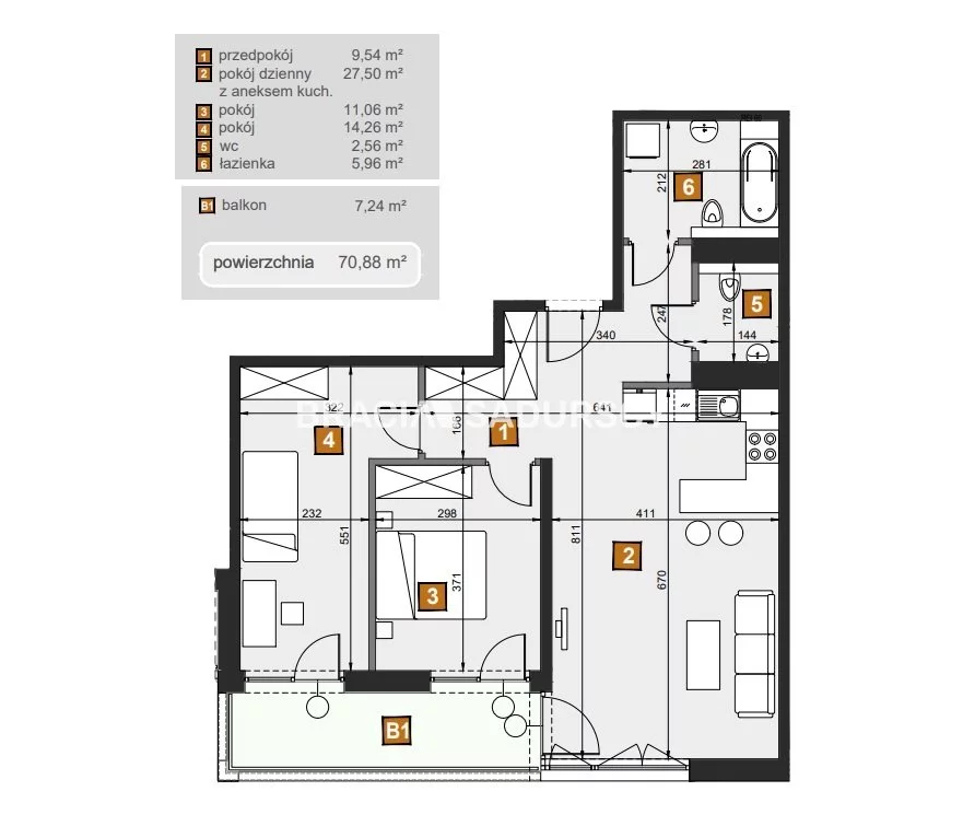 3 pokoje, mieszkanie 70,88 m², piętro 1, oferta nr , BS2-MS-307276-6, Kraków, Dębniki, Babińskiego