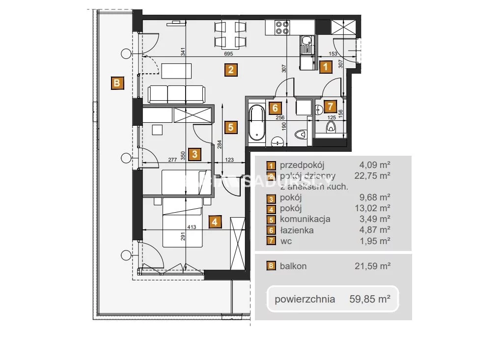 3 pokoje, mieszkanie 59,85 m², piętro 3, oferta nr , BS2-MS-307674-7, Kraków, Dębniki, Babińskiego
