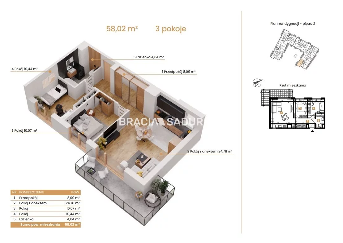 3 pokoje, mieszkanie 58,02 m², piętro 2, oferta nr , BS2-MS-309159-6, Katowice, Ceglana