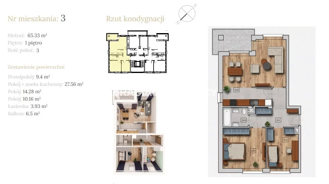 3 pokoje, mieszkanie 65,33 m², piętro 1, oferta nr , BS2-MS-304135-16, Wieliczka, Dębowa