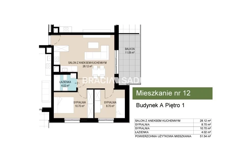 3 pokoje, mieszkanie 51,54 m², piętro 1, oferta nr , BS2-MS-306621-11, Kraków, Wzgórza Krzesławickie, Kantrowicka