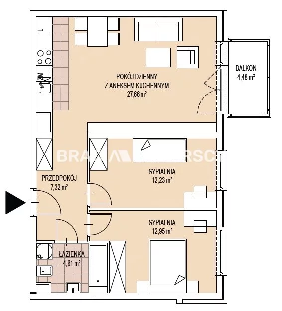 3 pokoje, mieszkanie 64,77 m², piętro 1, oferta nr , BS1-MS-312607-66, Kraków, Dębniki, Ruczaj, Kobierzyńska