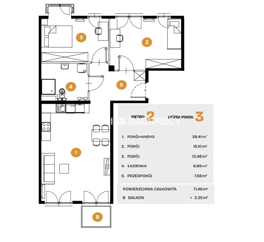 3 pokoje, mieszkanie 71,46 m², piętro 2, oferta nr , BS2-MS-308277-5, Kraków, Bronowice, Na Błonie