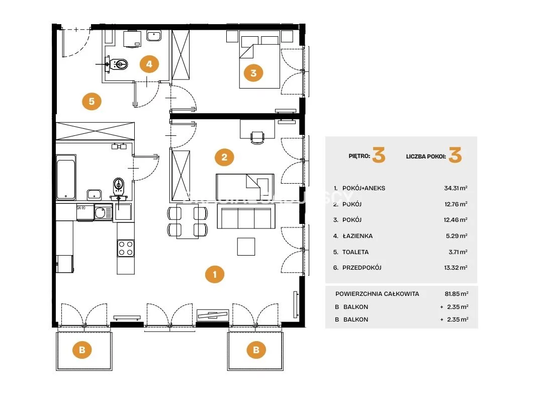 3 pokoje, mieszkanie 81,85 m², piętro 3, oferta nr , BS2-MS-308295-5, Kraków, Bronowice, Na Błonie
