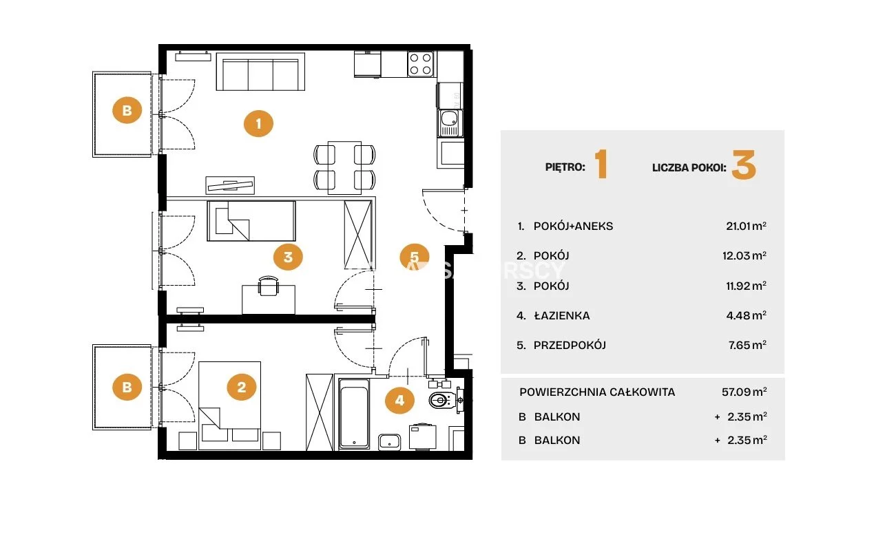 3 pokoje, mieszkanie 57,09 m², piętro 1, oferta nr , BS2-MS-308505-5, Kraków, Bronowice, Na Błonie